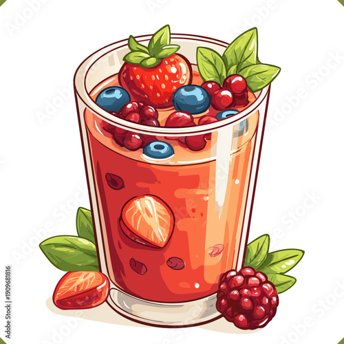 Vector illustration of fresh berry smoothie in glass with strawberry, blueberry, raspberry and mint leaves, healthy drink isolated on a white background