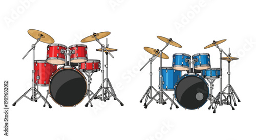 Two drum kits illustrated in red and blue side by side