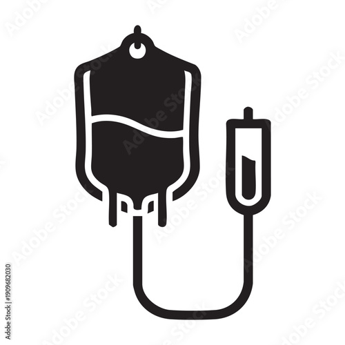 A black and white drawing of a blood bag and iv tube
