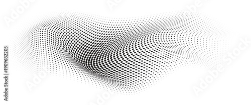 Flowing Wave Dot Halftone Pattern: Curve Gradient Shape on Transparent Background. Suitable for AI, Tech, Network, Digital, Science, and Technology Themes.
