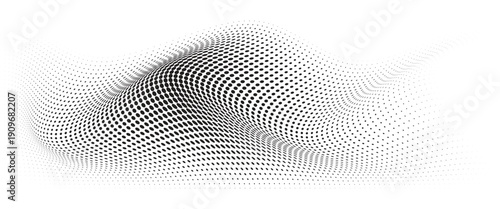 Flowing Wave Dot Halftone Pattern: Curve Gradient Shape on Transparent Background. Suitable for AI, Tech, Network, Digital, Science, and Technology Themes.