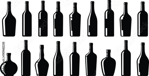 Wine Bottle Silhouette Collection Set of Various Glass Beverage Containers Isolated on White Background Vector Illustration for Alcohol Packaging Design