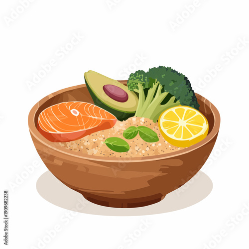 Vibrant and Wholesome Illustrated Bowl Featuring Salmon, Quinoa, Avocado, Broccoli, and Lemon for a Balanced and Healthy Meal