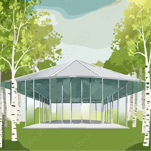 Modern Glass Pavilion Surrounded by Lush Green Birch Trees in a Serene Park Setting Illustration