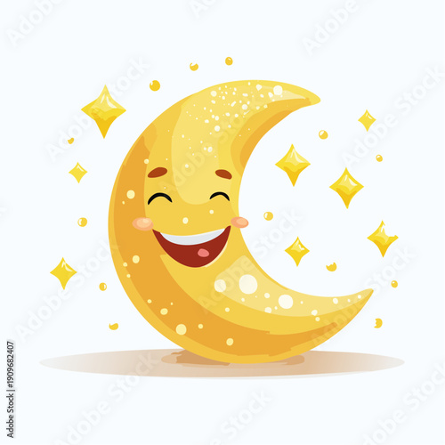 Happy Crescent Moon Cartoon Illustration with Twinkling Stars and Sparkles, a Whimsical Night Sky Depiction