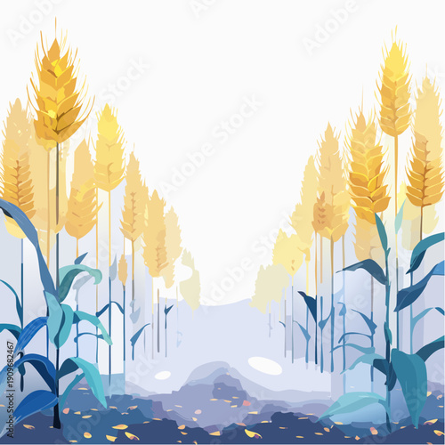 Golden Wheat Field Under A Hazy Sky With Blue Plants In The Foreground