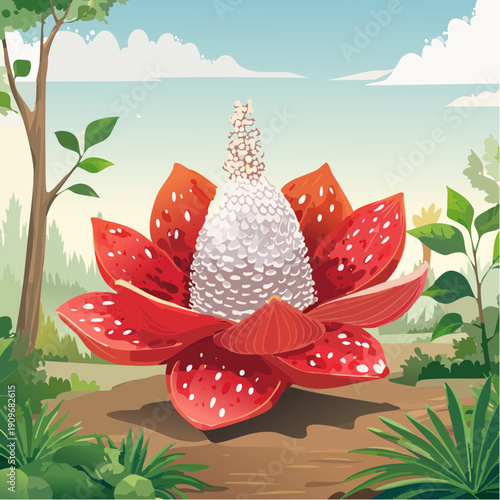Giant Rafflesia Flower Blooms Amidst Lush Jungle Scenery A Tropical Botanical Wonder