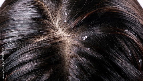 detailed close up of oily dark hair showing visible dandruff on the scalp highlighting scalp and hair care issues