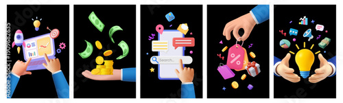 Social media marketing digital banner post with 3d business icon in cartoon style. Finance, investment, startup idea, brainstorming and sale promotion background with render hand, phone and light bulb