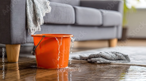 Bright orange container collects dripping water near furniture indoors to mitigate flooding damage