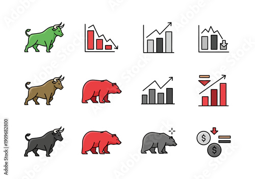 Minimal flat vector logo of bull vs bear stock market battle