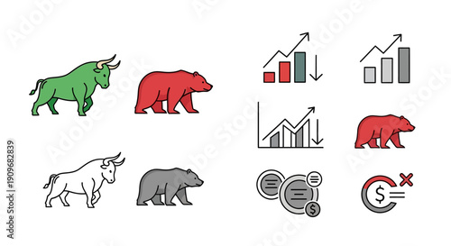 Minimal flat vector logo of bull vs bear stock market battle