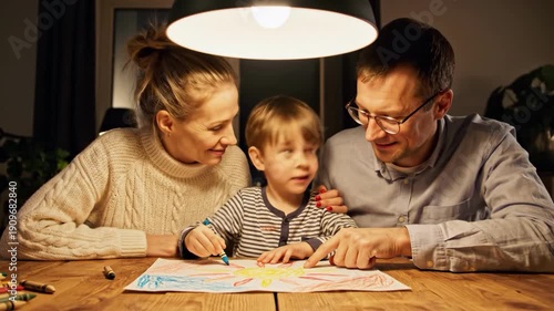 Family of three coloring together under a lamp at home