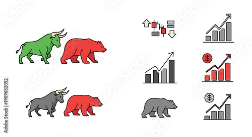 Minimal flat vector logo of bull vs bear stock market battle