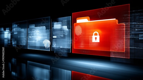 high-tech glass panel displaying a directory of secure files. One folder is highlighted in red with an accompanying unlocked padlock icon, indicating a targeted breach. Digital fingerprints 
