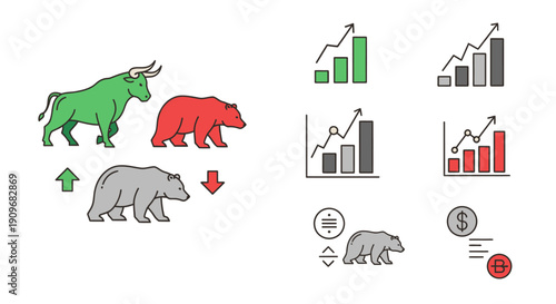 Minimal flat vector logo of bull vs bear stock market battle