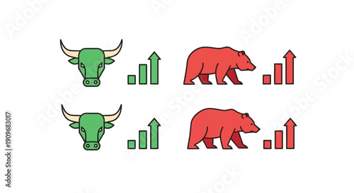 Minimal flat vector logo of bull vs bear stock market battle