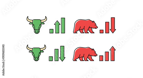 Minimal flat vector logo of bull vs bear stock market battle