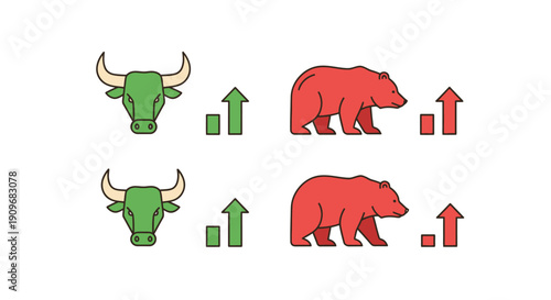 Minimal flat vector logo of bull vs bear stock market battle
