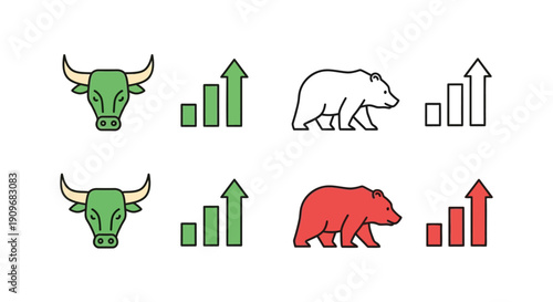 Minimal flat vector logo of bull vs bear stock market battle