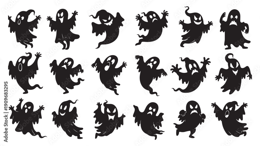 Naklejka premium Collection of ghost silhouettes in various dynamic poses and actions against a plain backdrop viewed from multiple angles