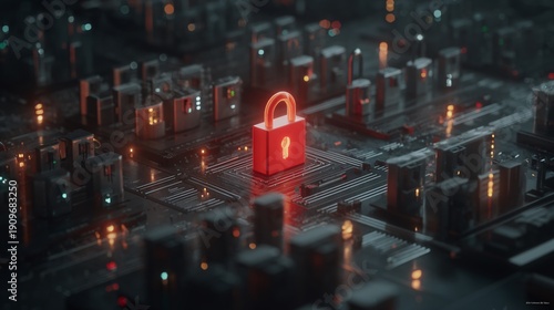 detailed illustration showing a digital security breach where a bright red unlocked padlock stands out among rows of muted secure locks. The contrast emphasizes exposed data within an otherwise 