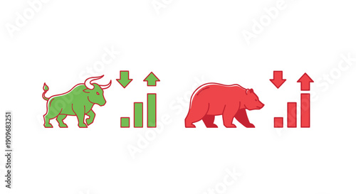 Minimal flat vector logo of bull vs bear stock market battle
