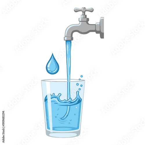 A faucet pouring water into a glass to illustrate filling or hydration concept