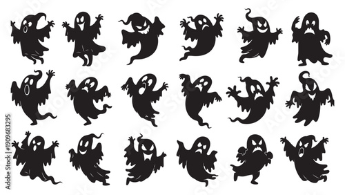 Collection of ghost silhouettes in various dynamic poses and actions against a plain backdrop viewed from multiple angles