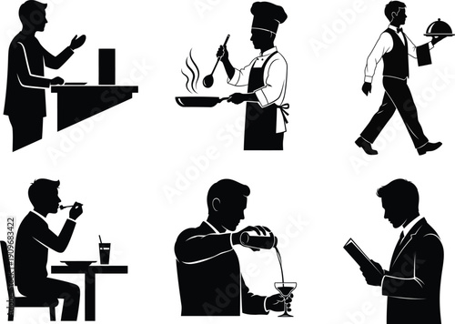 Silhouette illustrations of restaurant staff and customers in various actions