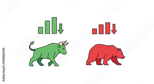 Minimal flat vector logo of bull vs bear stock market battle