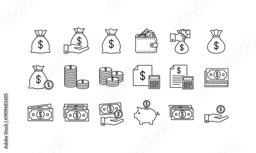 Diverse outline icons illustrating money management, including money bags, wallets, calculators, and piggy banks.