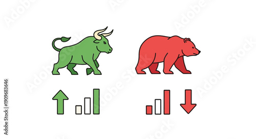 Minimal flat vector logo of bull vs bear stock market battle