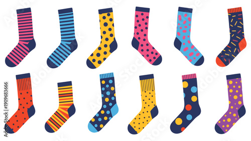 Vibrant collection of colorful and playful patterned socks displayed in pairs