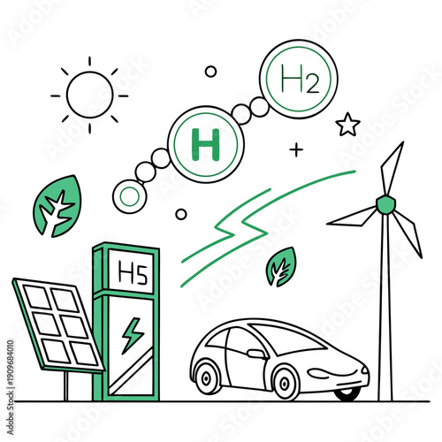 Illustration of hydrogen energy and electric vehicles with renewable energy sources