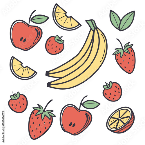 Assorted fruits including bananas, apples, strawberries, and pineapples