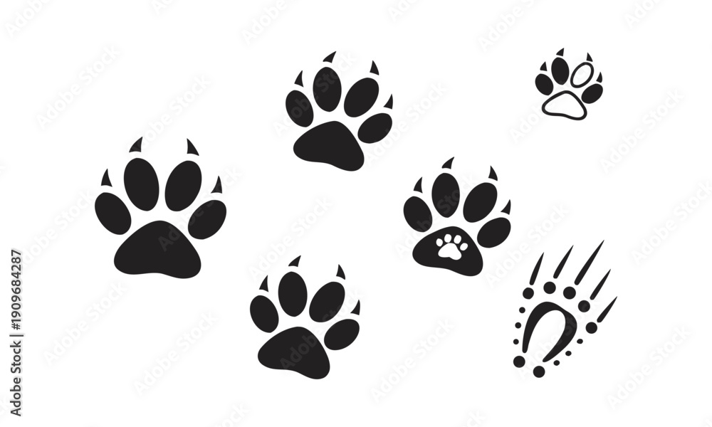 Fototapeta premium Minimal wildlife paw and hoof print icon pack vector illustration, easily editable.