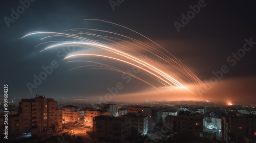 Nighttime cityscape of a Middle Eastern city with illuminated trails of rockets in the sky, showcasing a dramatic scene over buildings in a conflict zone, for themes about war tension, urban conflict