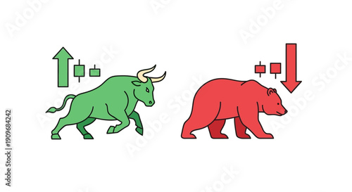 Minimal flat vector logo of bull vs bear stock market battle,