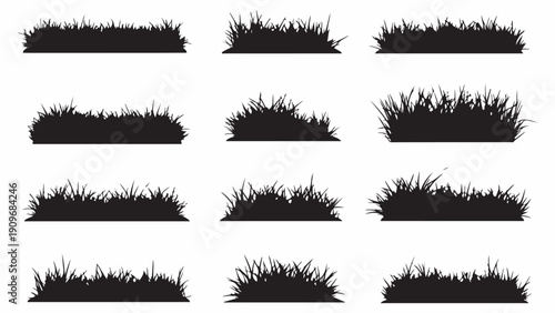 Collection of grass silhouettes in various forms and lengths from different viewpoints