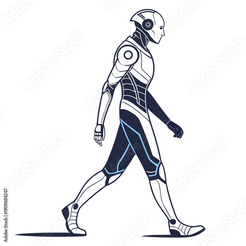 Advanced humanoid robot walking with futuristic design and blue accents