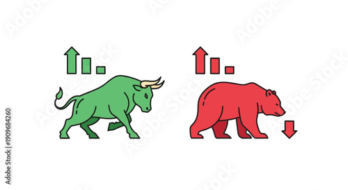 Minimal flat vector logo of bull vs bear stock market battle,