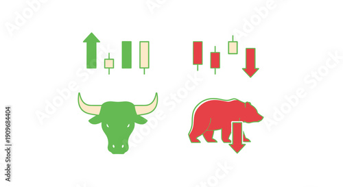 Minimal flat vector logo of bull vs bear stock market battle,