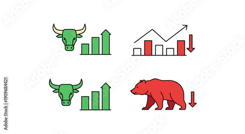 Minimal flat vector logo of bull vs bear stock market battle,