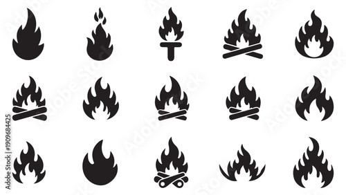 A grid of 16 different black fire and flame icons on a white background.