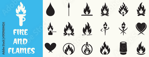 A collection of fire and flame icons displayed on a light background with a blue sidebar.