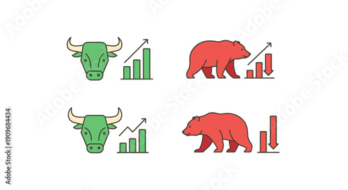 Minimal flat vector logo of bull vs bear stock market battle,
