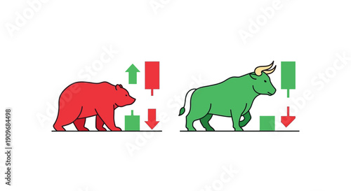 Minimal flat vector logo of bull vs bear stock market battle,