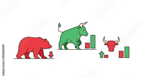 Minimal flat vector logo of bull vs bear stock market battle,