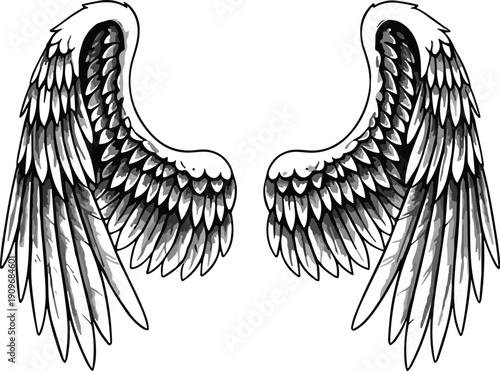 Vector illustration of angel wings icon in detailed black-and-white design symbolizing spirituality, freedom, protection, and artistic expression